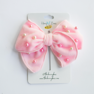 Light Pink Velvet Pearl Beaded Bow