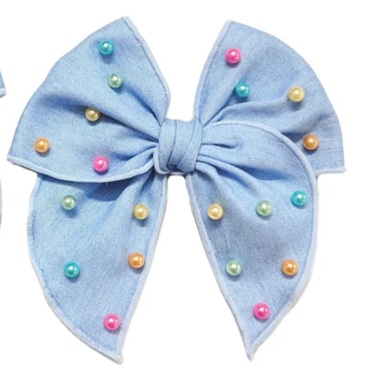 Denim Pastel Pearl Beaded Hair Bow